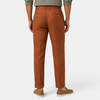 Męskie spodnie lniane z prostymi nogawkami i zakładkami-Pants for Men-Olave