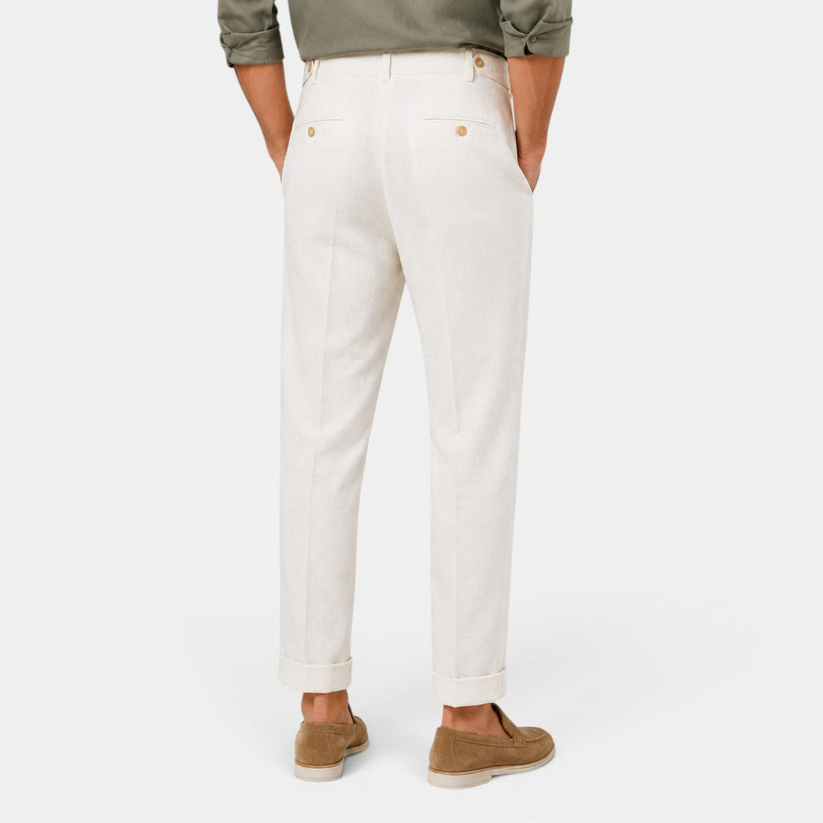 Męskie spodnie lniane z prostymi nogawkami i zakładkami-Pants for Men-Olave
