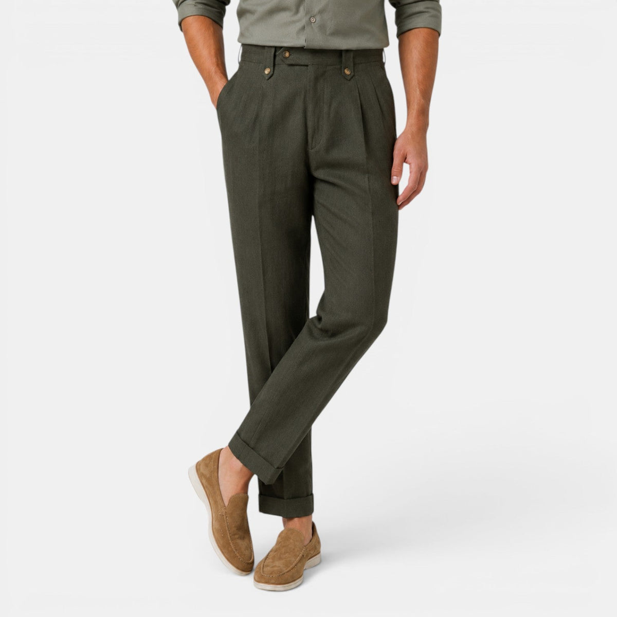 Męskie spodnie lniane z prostymi nogawkami i zakładkami-Pants for Men-Olave