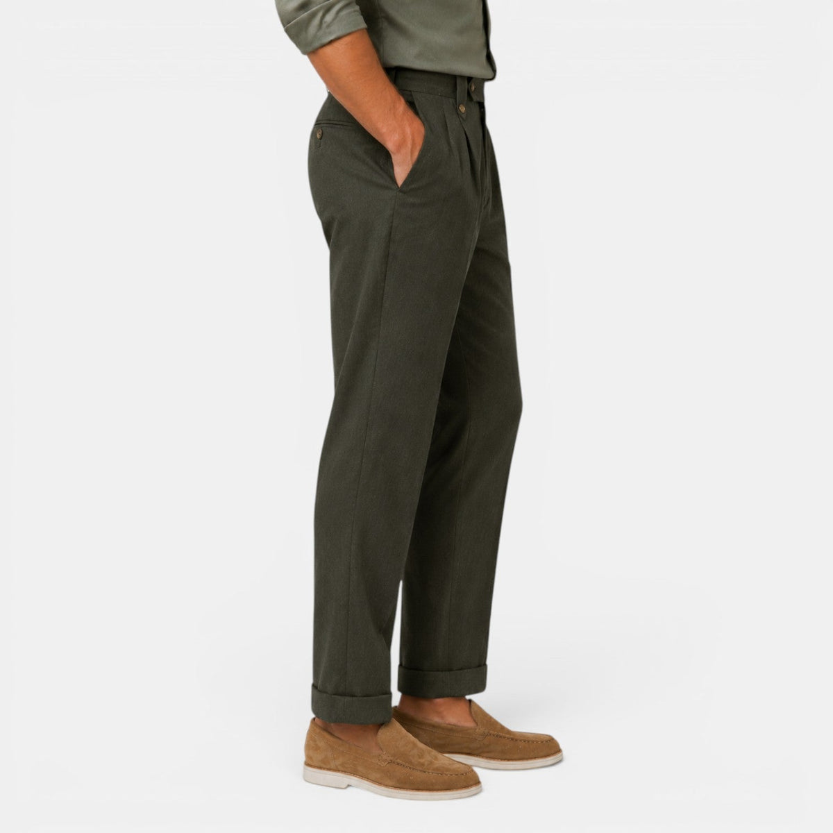 Męskie spodnie lniane z prostymi nogawkami i zakładkami-Pants for Men-Olave