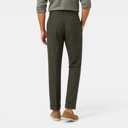 Męskie spodnie lniane z prostymi nogawkami i zakładkami-Pants for Men-Olave