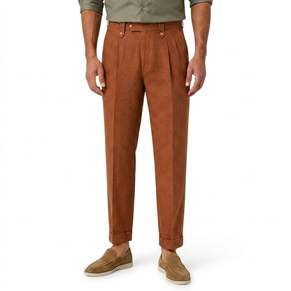 Męskie spodnie lniane z prostymi nogawkami i zakładkami-Pants for Men-Olave
