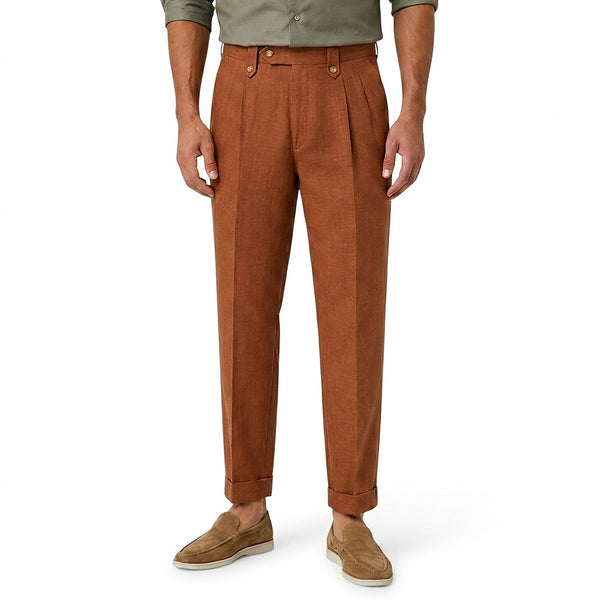 Męskie spodnie lniane z prostymi nogawkami i zakładkami-Pants for Men-Olave