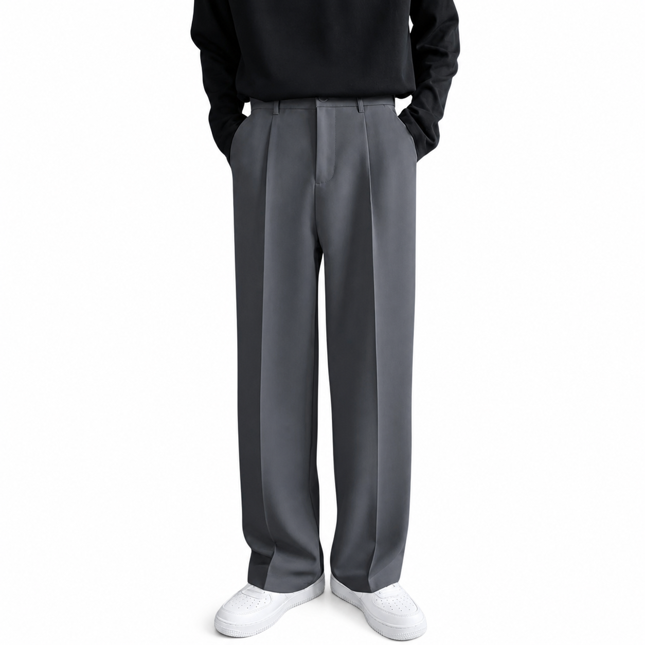 Męskie spodnie o prostym kroju z zakładkami z przodu i zapięciem na guzik-Pants for Men-Olave