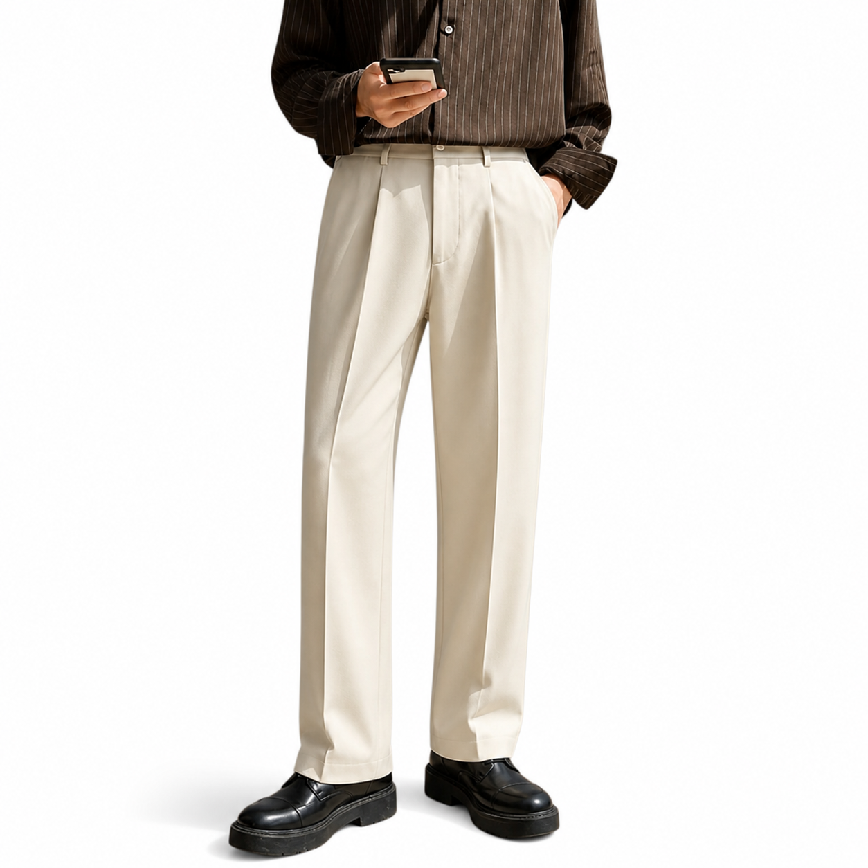Męskie spodnie o prostym kroju z zakładkami z przodu i zapięciem na guzik-Pants for Men-Olave