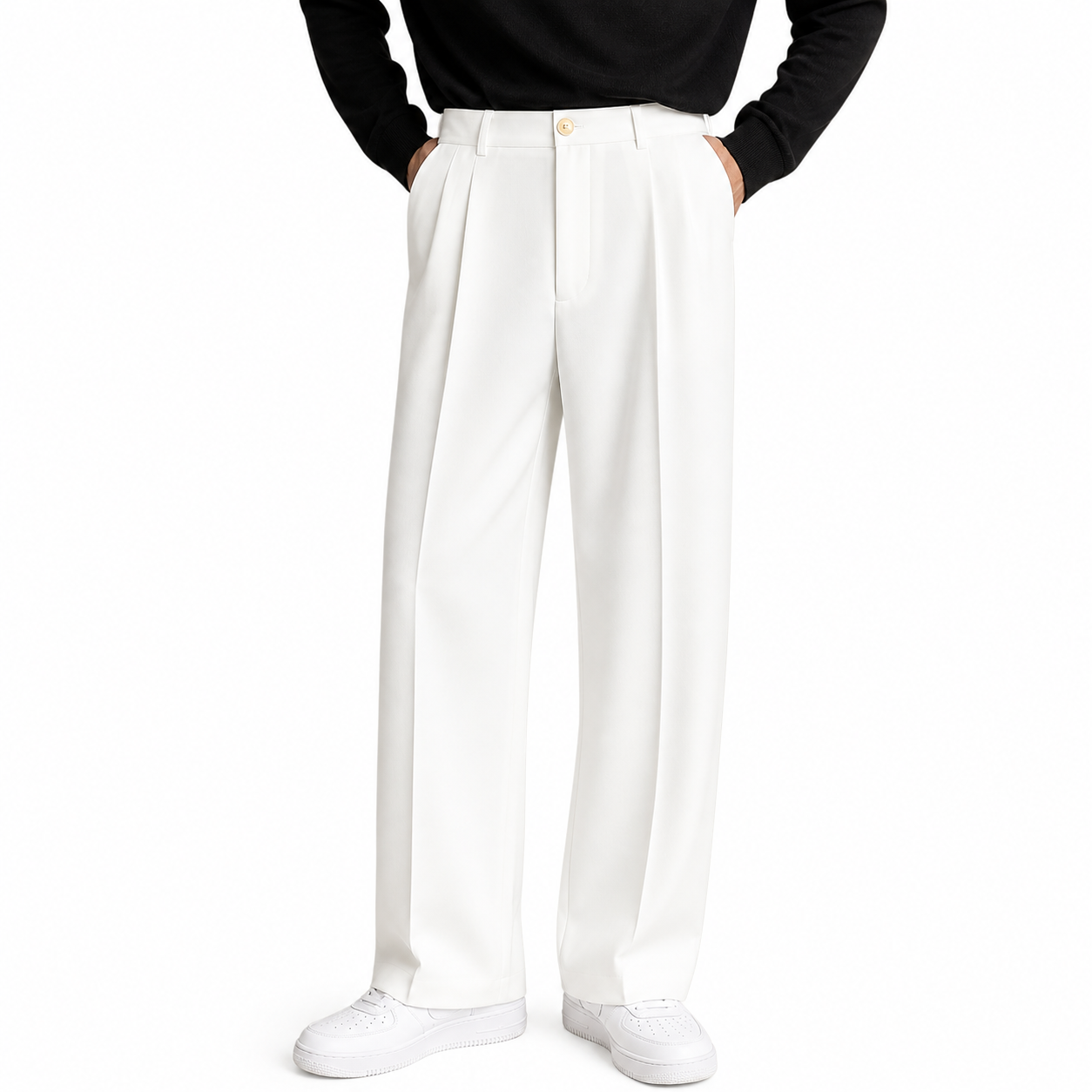 Męskie spodnie o prostym kroju z zakładkami z przodu i zapięciem na guzik-Pants for Men-Olave