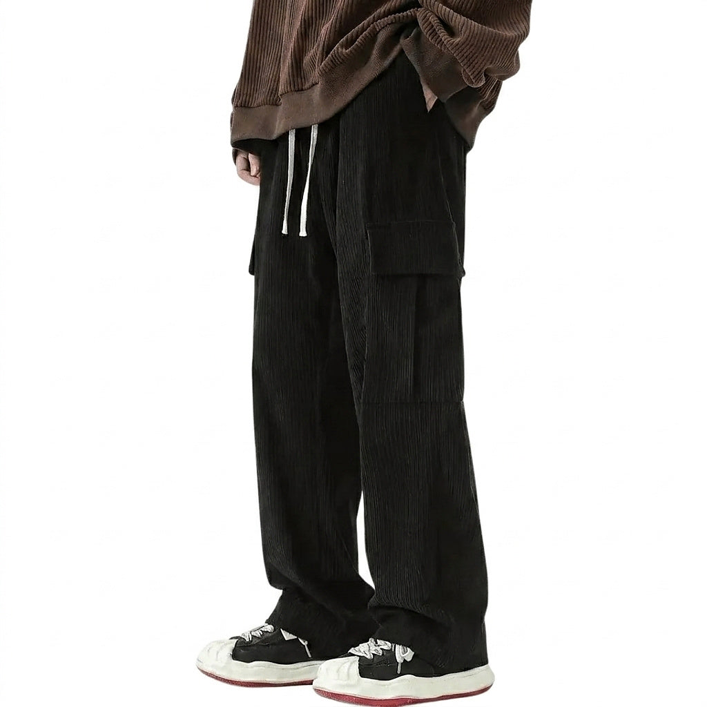 Męskie spodnie sztruksowe cargo z szerokimi nogawkami-Pants for Men-Olave