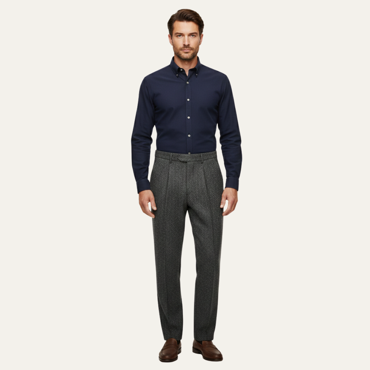 Męskie Spodnie z Prostą Nogawką, Wzorem Jodełki i Zakładkami-Pants for Men-Olave