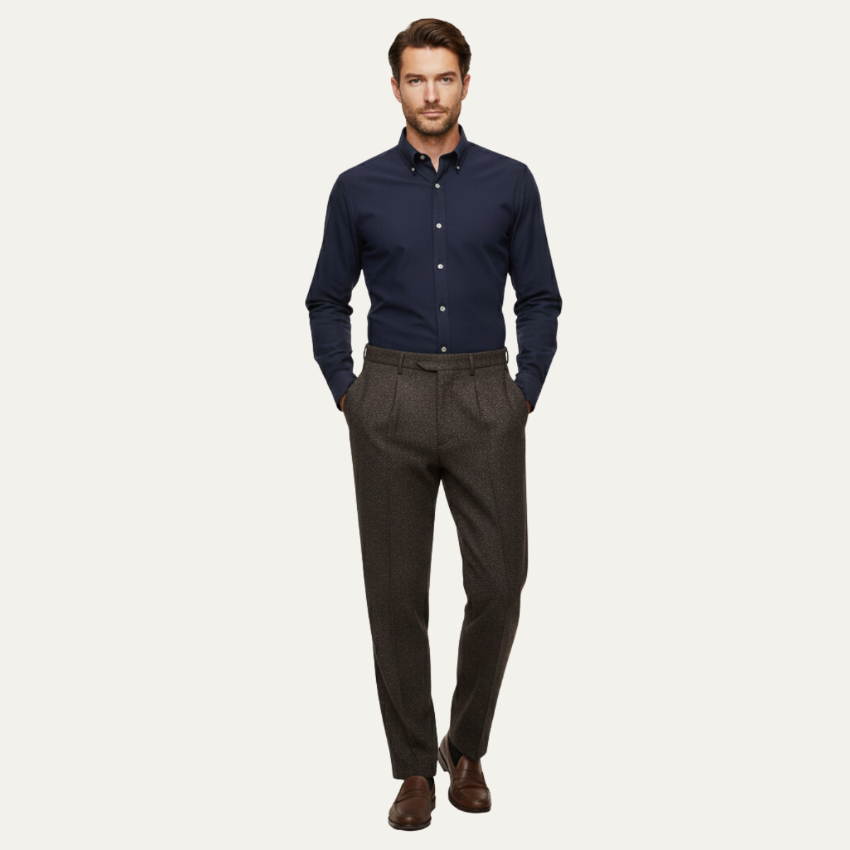 Męskie Spodnie z Prostą Nogawką, Wzorem Jodełki i Zakładkami-Pants for Men-Olave