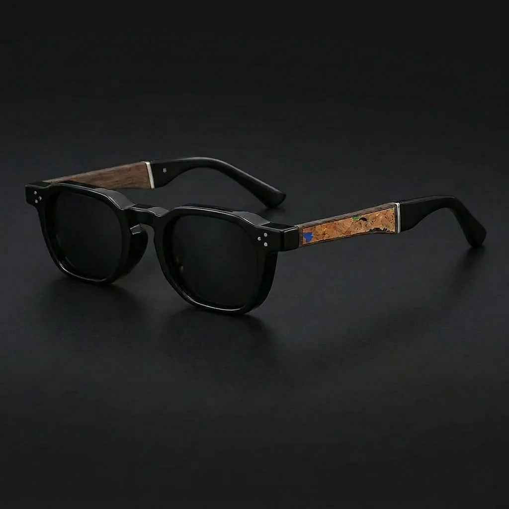 Okulary przeciwsłoneczne unisex z okrągłymi oprawkami i korkowymi akcentami na zausznikach-Glasses for women-Olave