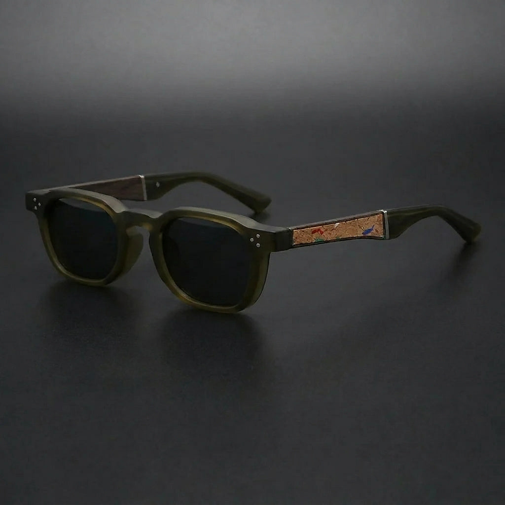 Okulary przeciwsłoneczne unisex z okrągłymi oprawkami i korkowymi akcentami na zausznikach-Glasses for women-Olave