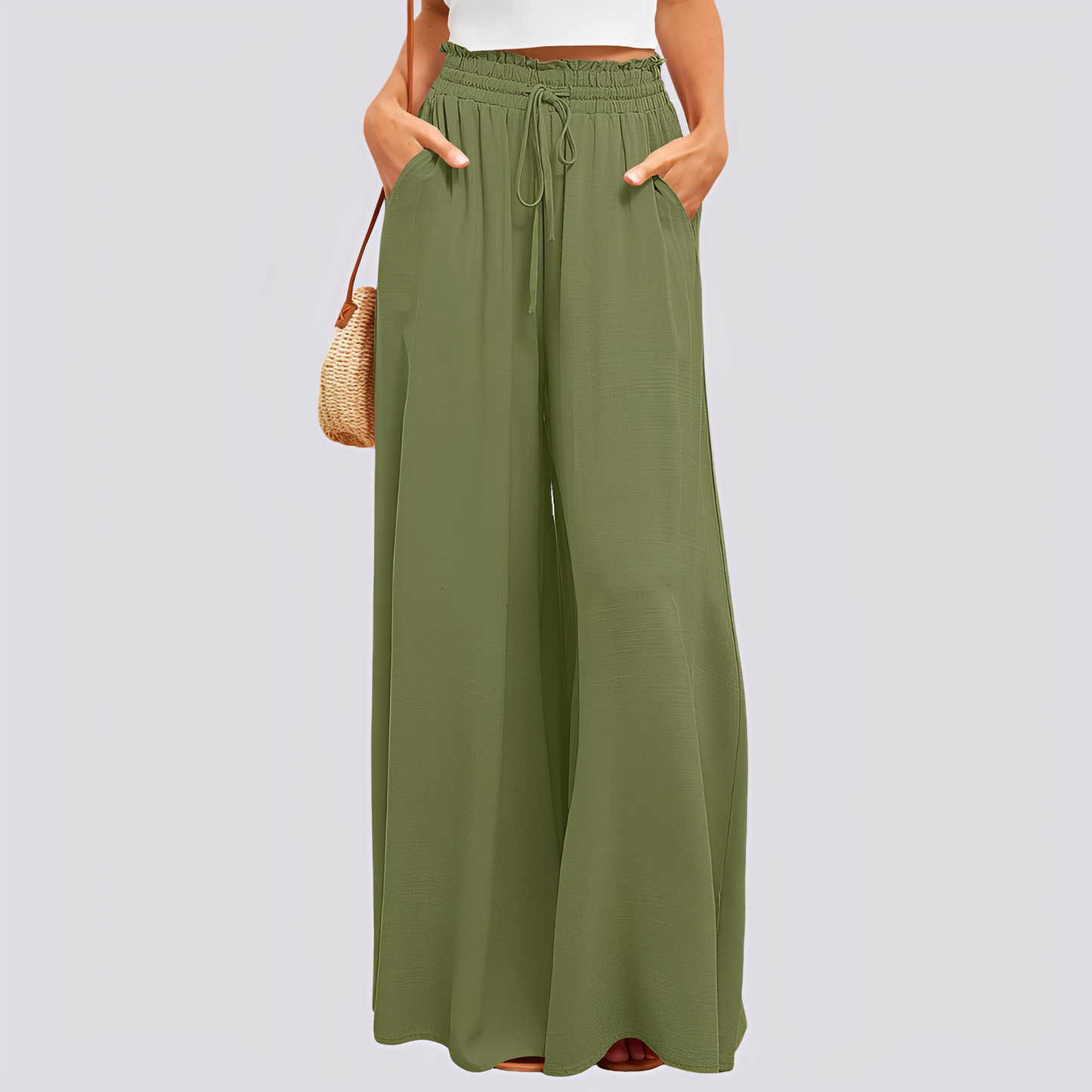Spodnie damskie z szerokimi nogawkami i elastycznym pasem ze sznurkiem-Pants for Women-Olave