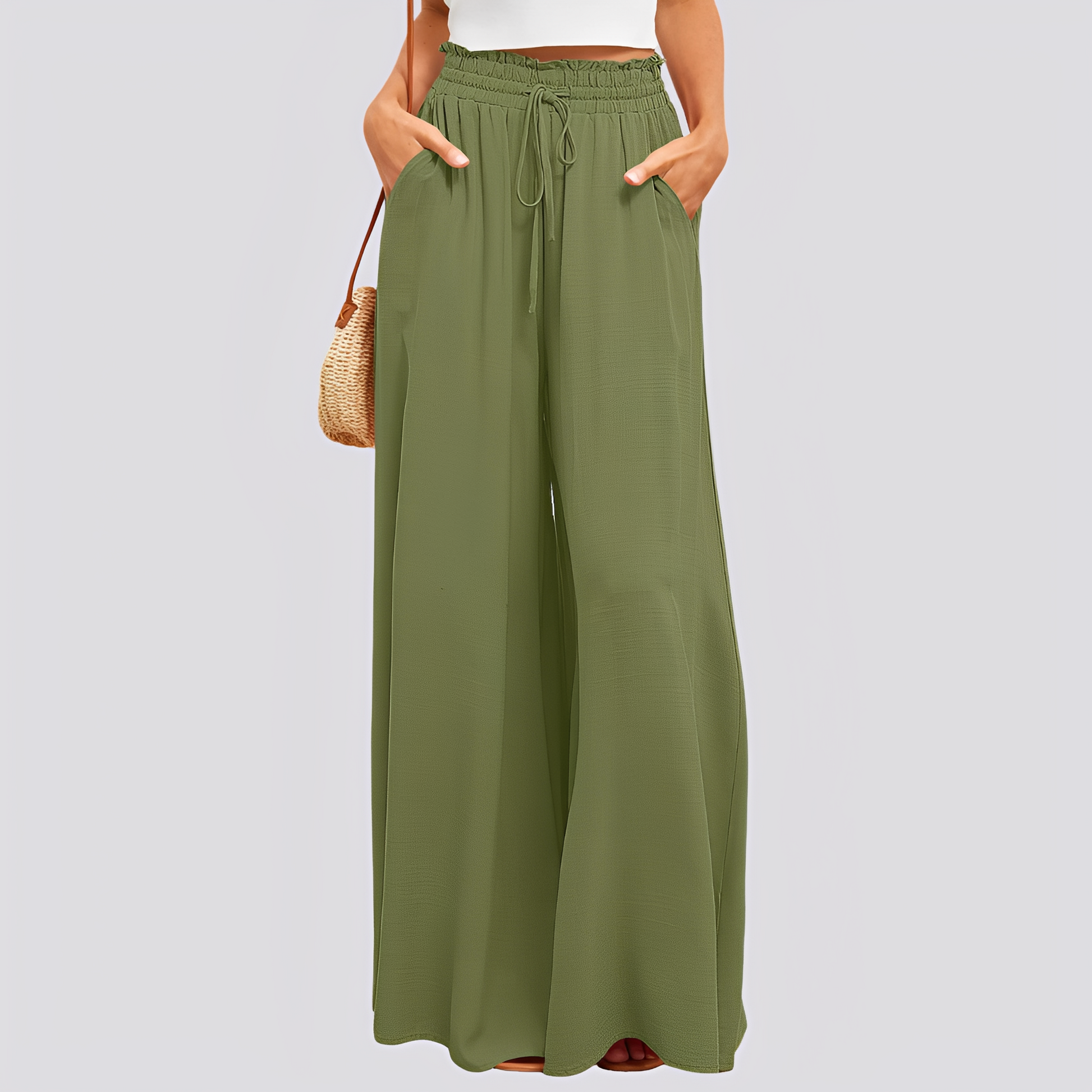 Spodnie damskie z szerokimi nogawkami i elastycznym pasem ze sznurkiem-Pants for Women-Olave