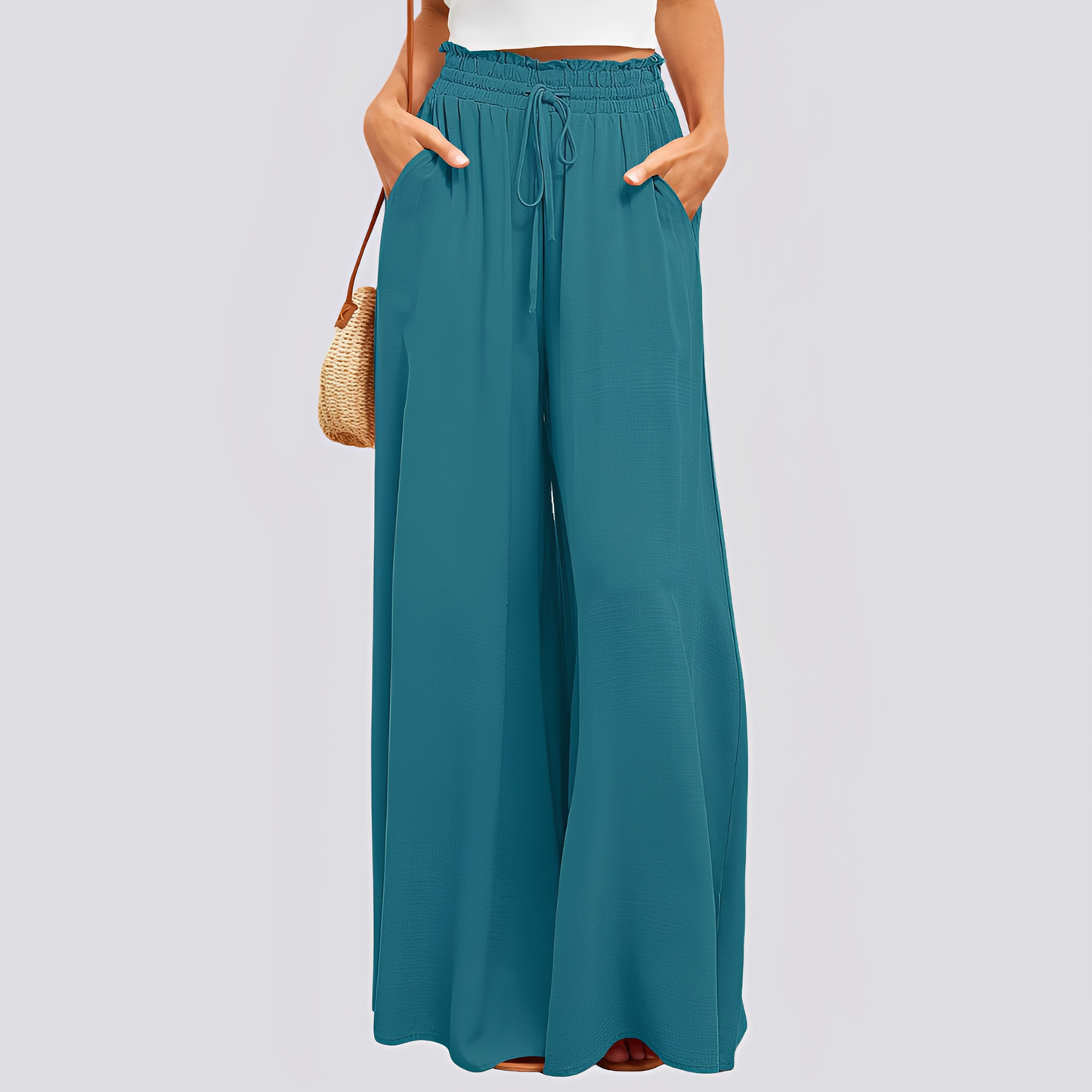 Spodnie damskie z szerokimi nogawkami i elastycznym pasem ze sznurkiem-Pants for Women-Olave