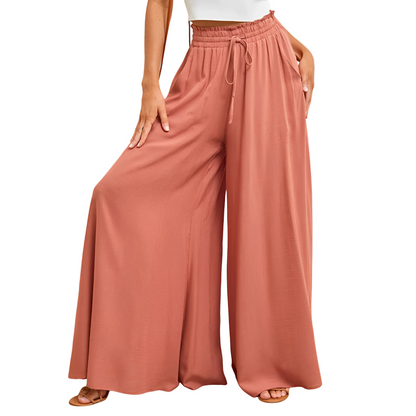 Spodnie damskie z szerokimi nogawkami i elastycznym pasem ze sznurkiem-Pants for Women-Olave
