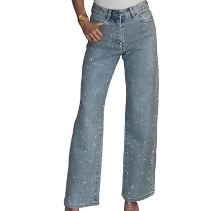 Spodnie jeansowe damskie z szerokimi nogawkami i zdobieniami na całej powierzchni-Pants for Women-Olave