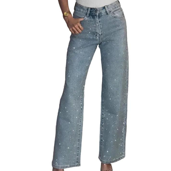 Spodnie jeansowe damskie z szerokimi nogawkami i zdobieniami na całej powierzchni-Pants for Women-Olave