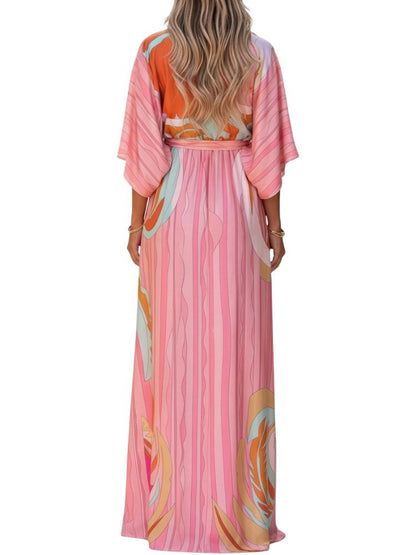 Sukienka damska maxi z dekoltem V i wiązaniem w talii-Maxi Dress-Olave
