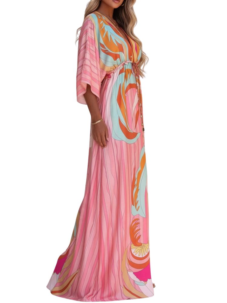 Sukienka damska maxi z dekoltem V i wiązaniem w talii-Maxi Dress-Olave