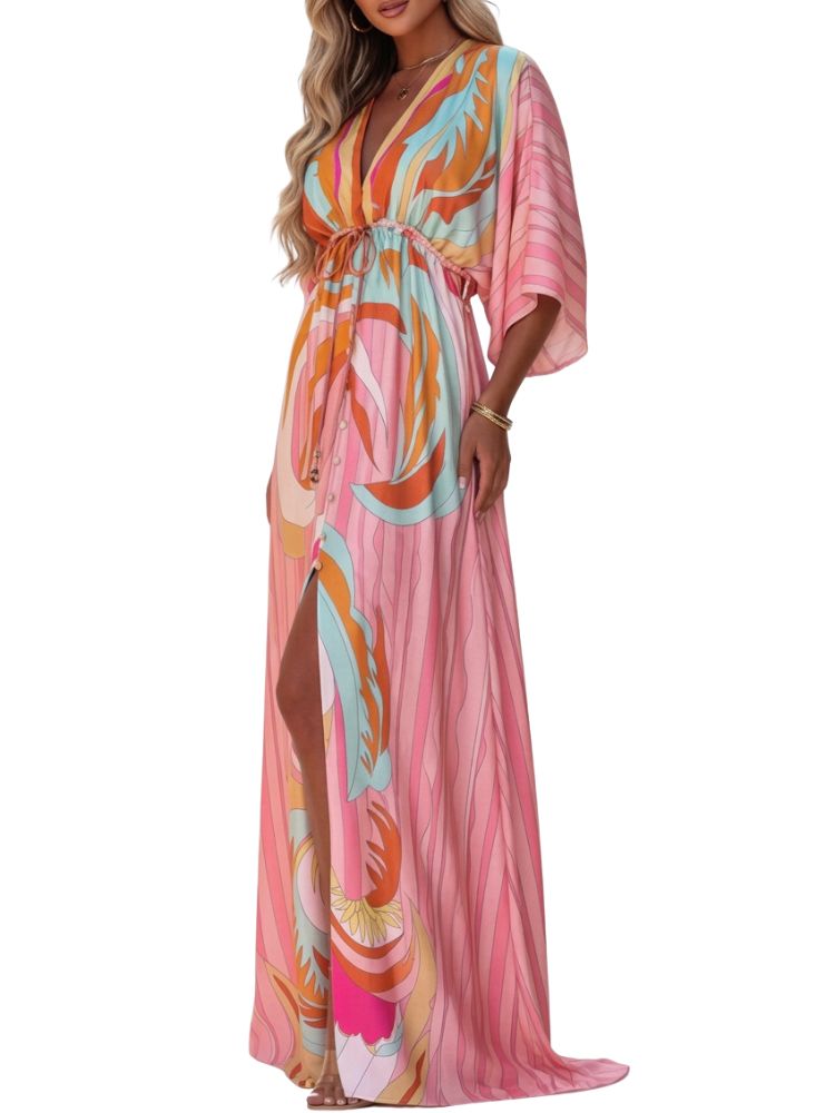 Sukienka damska maxi z dekoltem V i wiązaniem w talii-Maxi Dress-Olave