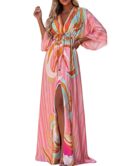 Sukienka damska maxi z dekoltem V i wiązaniem w talii-Maxi Dress-Olave