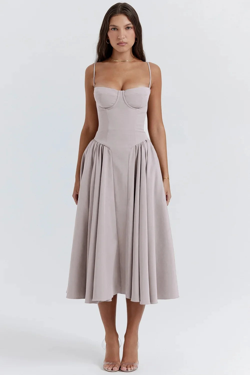 Sukienka damska midi na ramiączkach ze strukturalną górą-Midi Dress-Olave