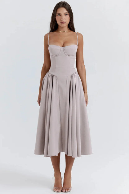 Sukienka damska midi na ramiączkach ze strukturalną górą-Midi Dress-Olave