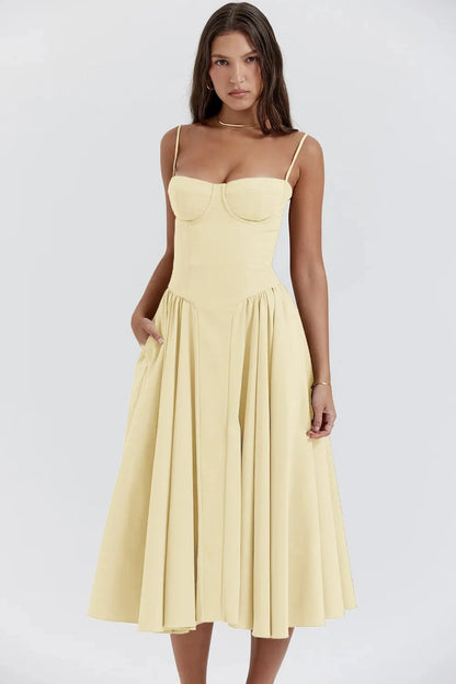 Sukienka damska midi na ramiączkach ze strukturalną górą-Midi Dress-Olave