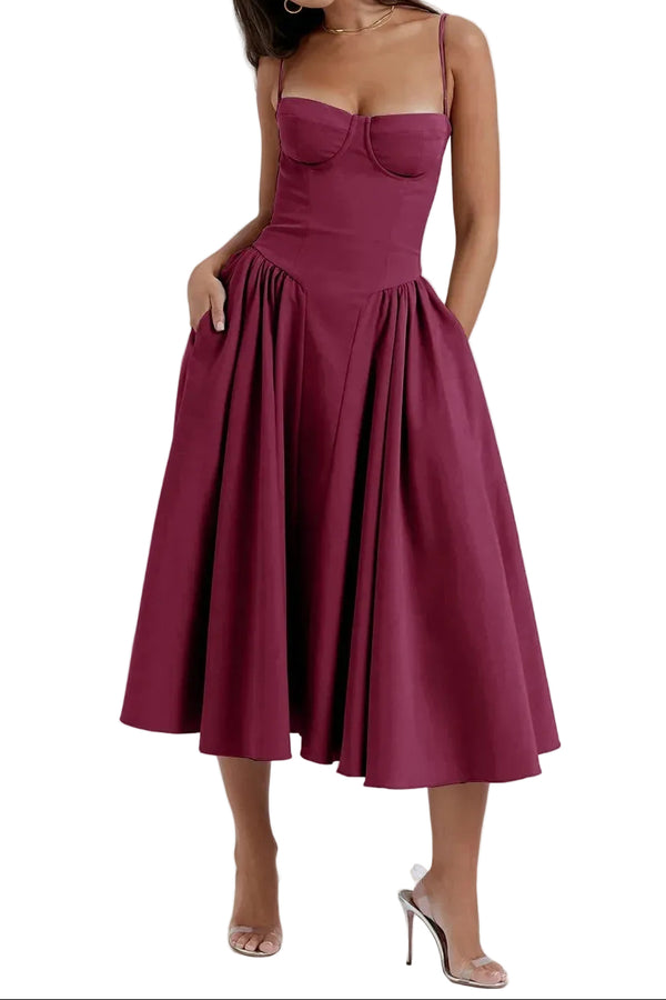 Sukienka damska midi na ramiączkach ze strukturalną górą-Midi Dress-Olave