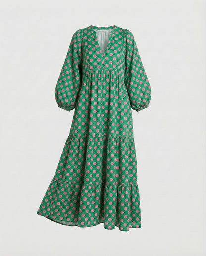 Sukienka damska midi z dekoltem w kształcie litery V i warstwową konstrukcją-Midi Dress-Olave