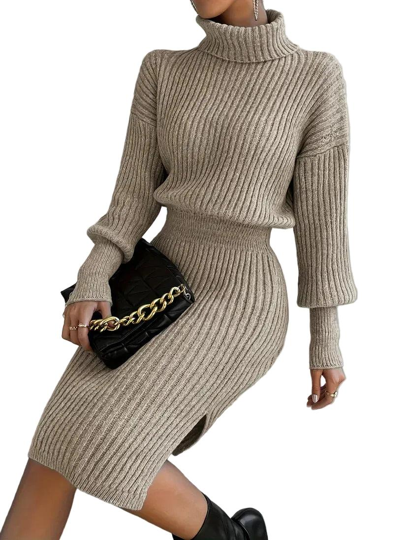 Sukienka Damska Midi z Dzianiny Prążkowanej z Wysokim Kołnierzem-Midi Dress-Olave
