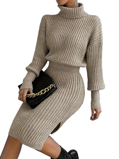 Sukienka Damska Midi z Dzianiny Prążkowanej z Wysokim Kołnierzem-Midi Dress-Olave
