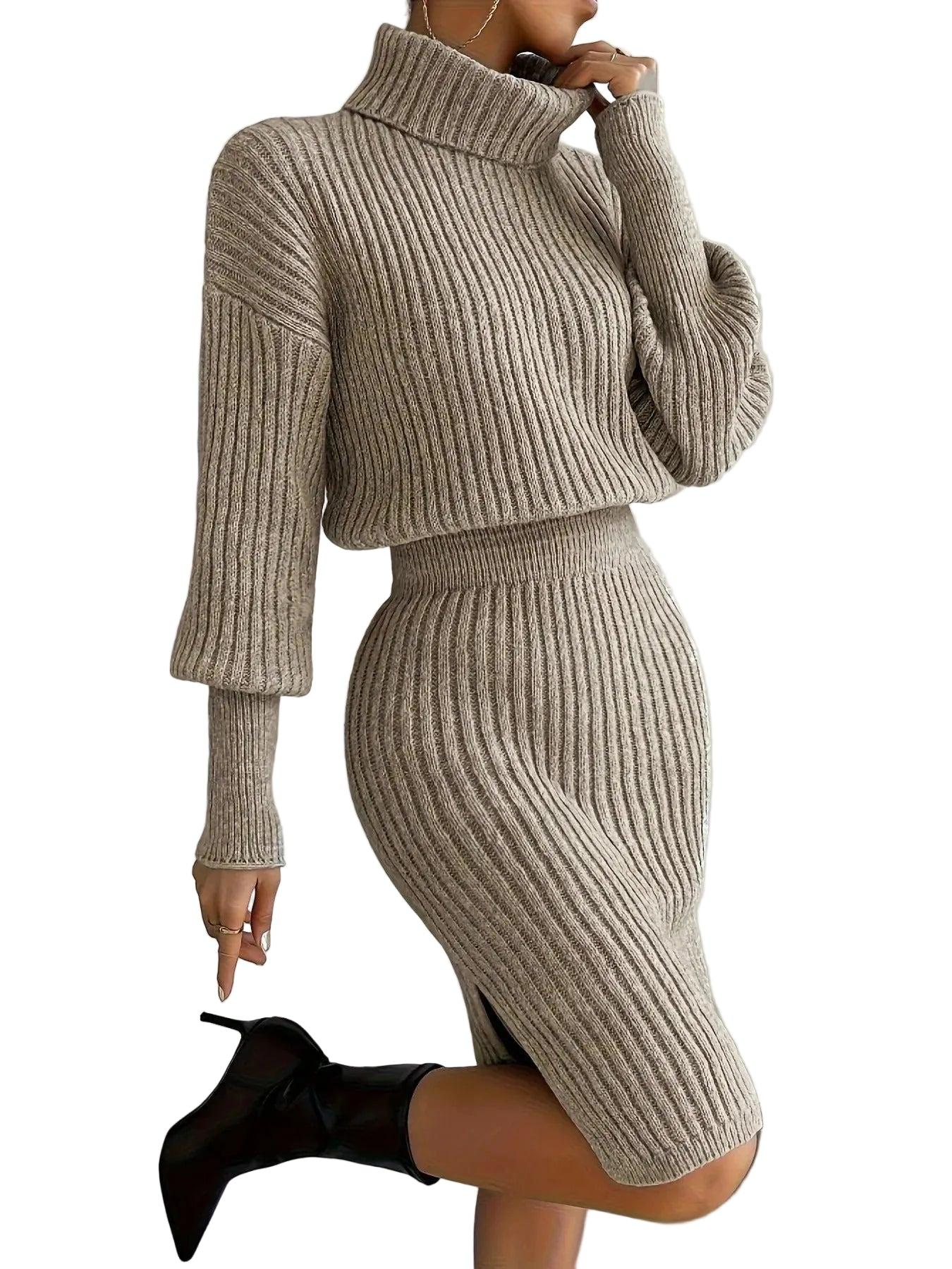 Sukienka Damska Midi z Dzianiny Prążkowanej z Wysokim Kołnierzem-Midi Dress-Olave