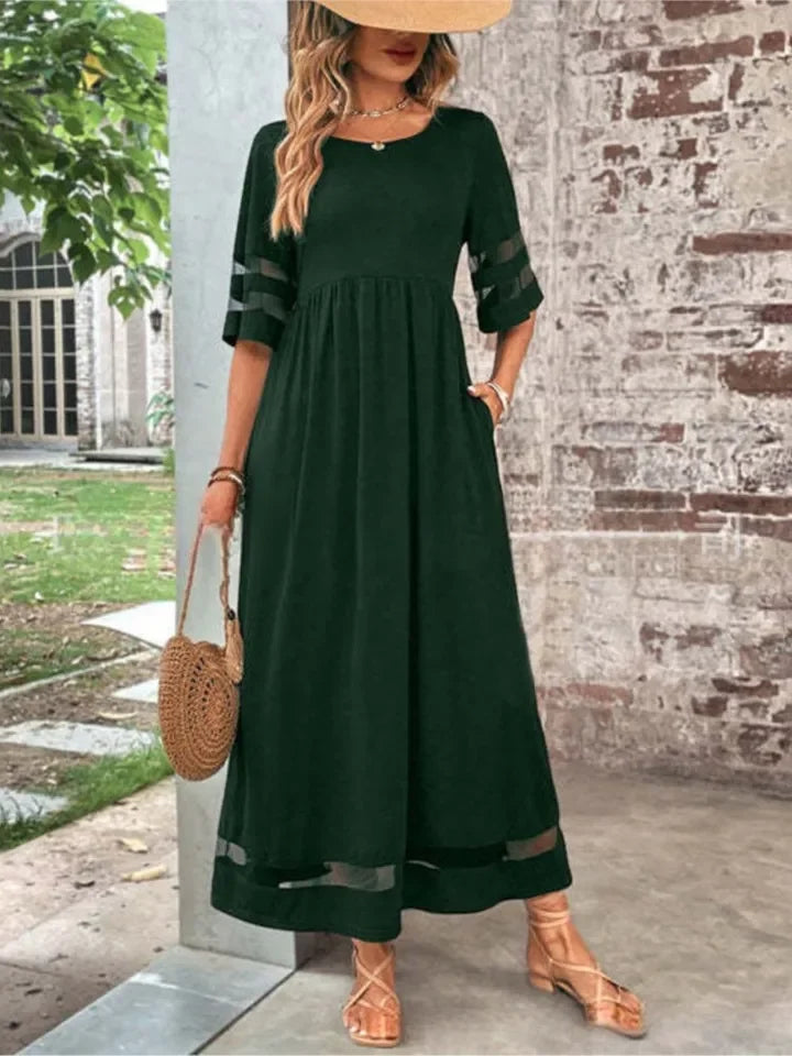 Sukienka damska midi z okrągłym dekoltem i rękawami 3/4-Maxi Dress-Olave