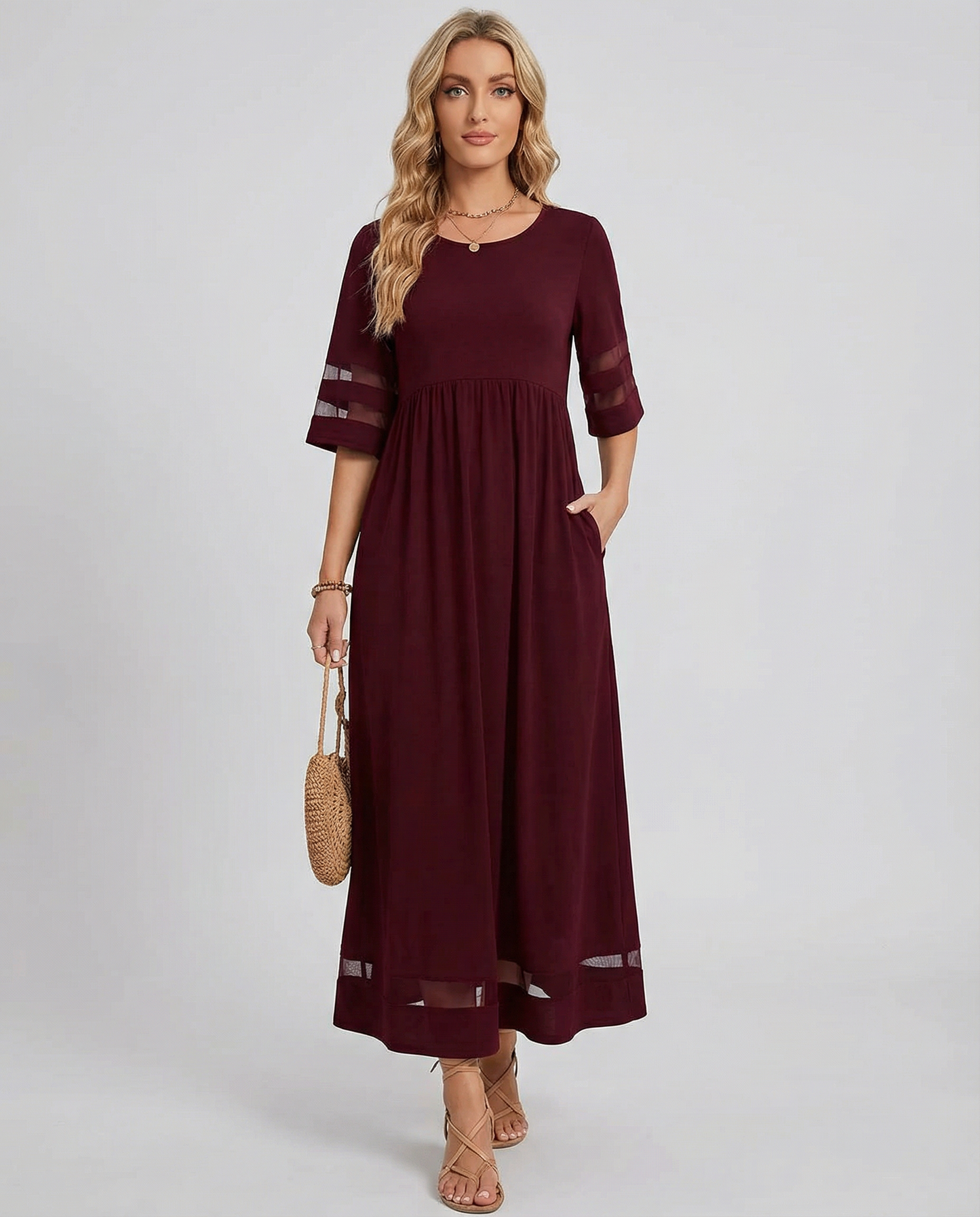 Sukienka damska midi z okrągłym dekoltem i rękawami 3/4-Maxi Dress-Olave