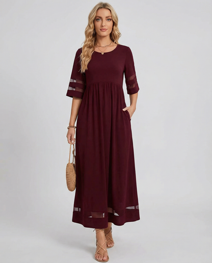 Sukienka damska midi z okrągłym dekoltem i rękawami 3/4-Maxi Dress-Olave