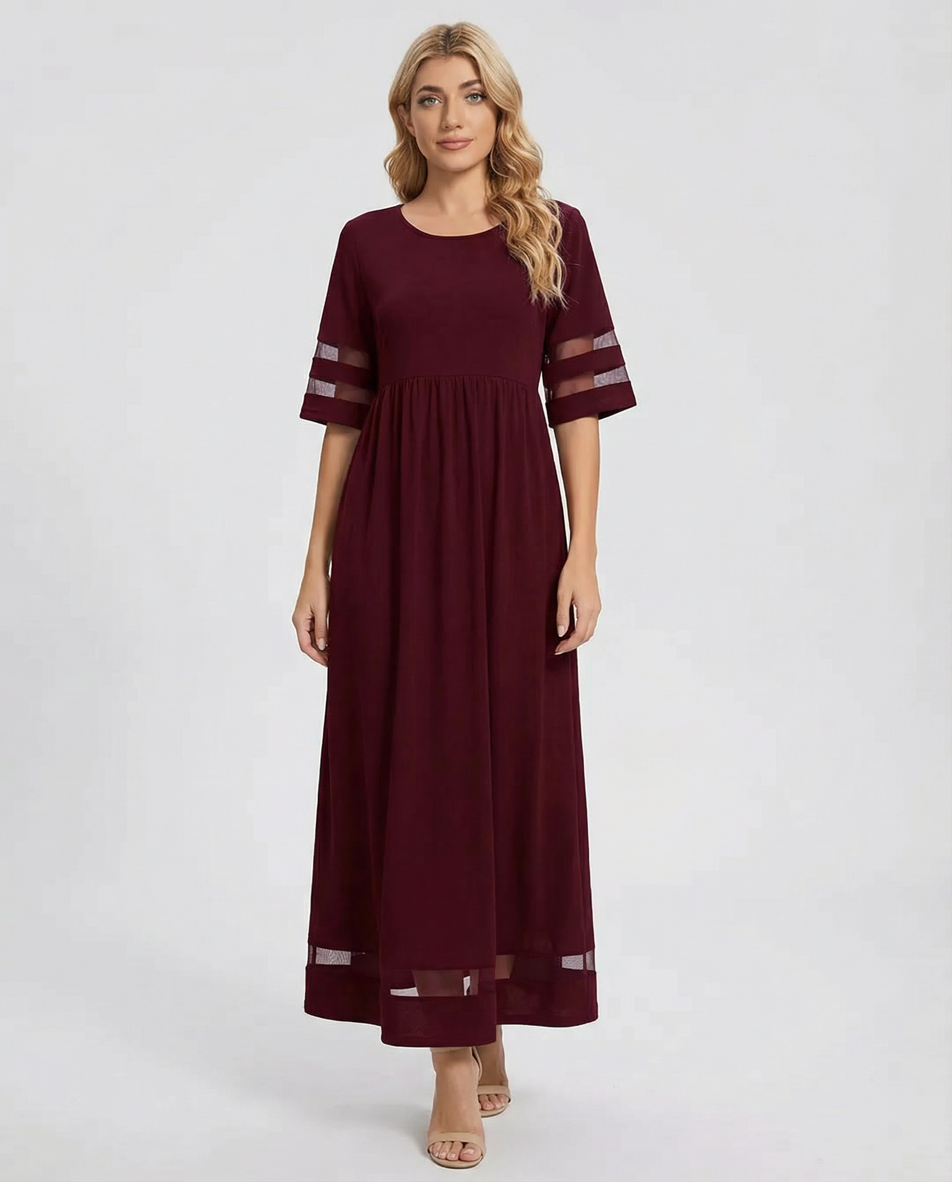 Sukienka damska midi z okrągłym dekoltem i rękawami 3/4-Maxi Dress-Olave