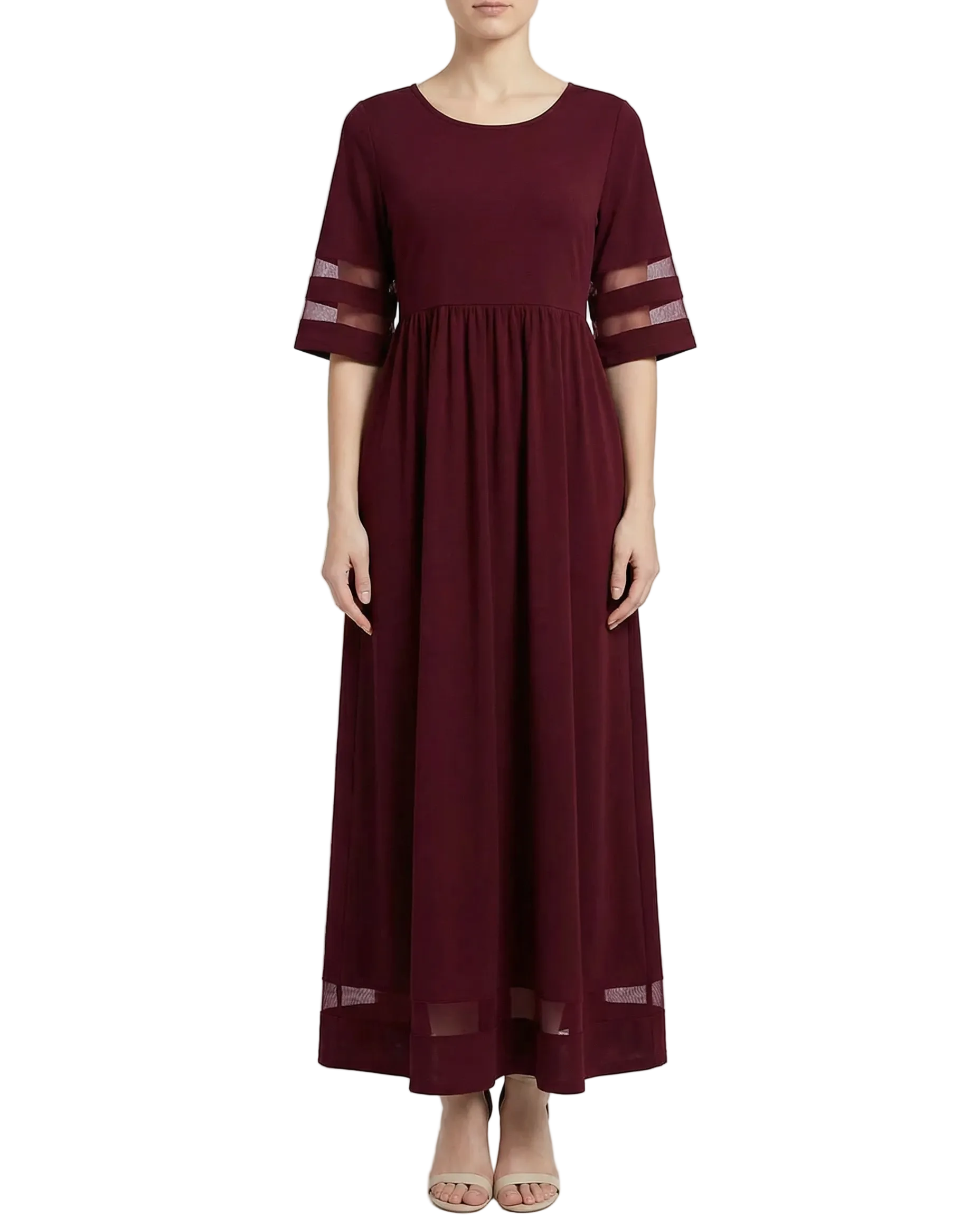 Sukienka damska midi z okrągłym dekoltem i rękawami 3/4-Maxi Dress-Olave