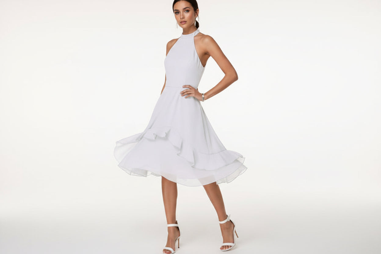 Sukienka damska z dekoltem halter i rozkloszowaną spódnicą z warstwowym dołem-Dresses for Women-Olave