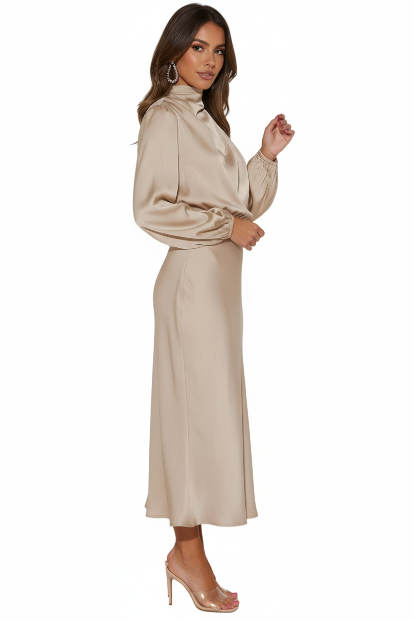 Sukienka damska z drapowanym wysokim kołnierzem-Midi Dress-Olave