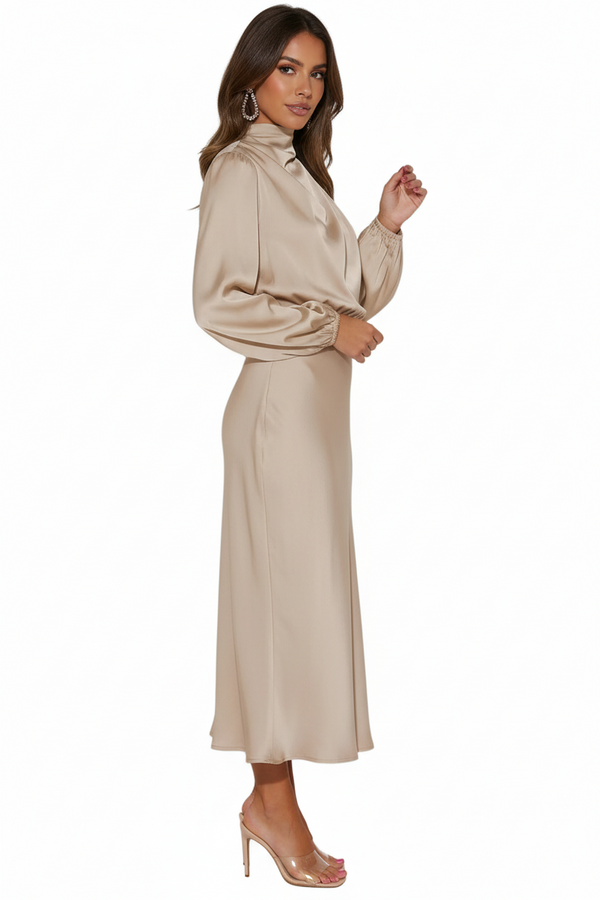 Sukienka damska z drapowanym wysokim kołnierzem-Midi Dress-Olave