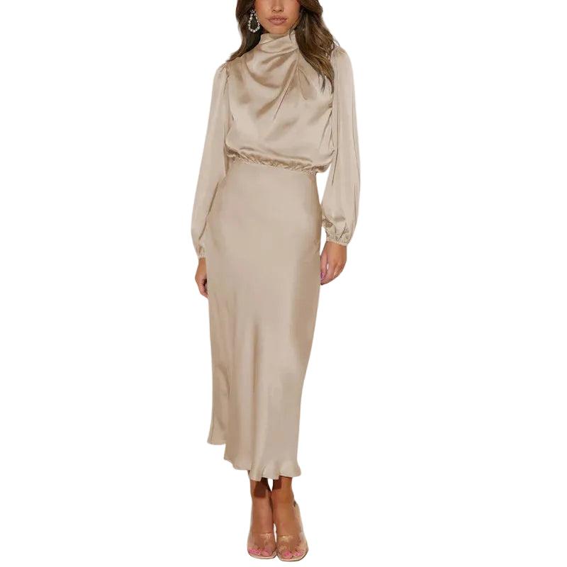 Sukienka damska z drapowanym wysokim kołnierzem-Midi Dress-Olave