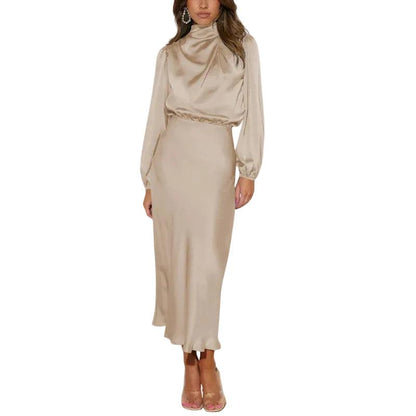 Sukienka damska z drapowanym wysokim kołnierzem-Midi Dress-Olave