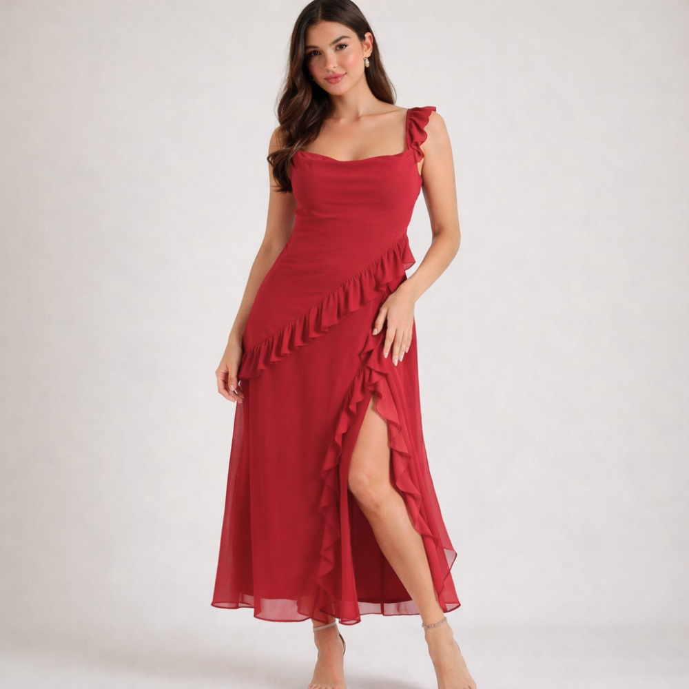 Sukienka maxi damska z ramiączkami z falbaną-Maxi Dress-Olave