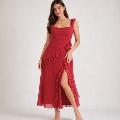 Sukienka maxi damska z ramiączkami z falbaną-Maxi Dress-Olave