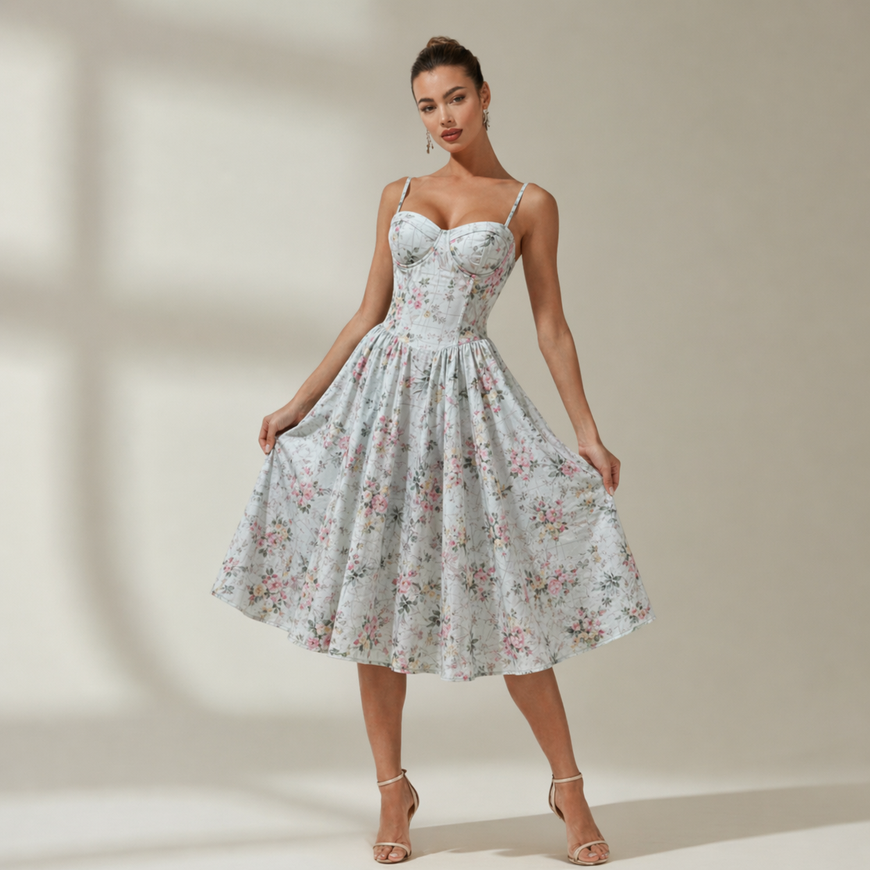 Sukienka midi damska w kwiatowy wzór na cienkich ramiączkach-Midi Dress-Olave