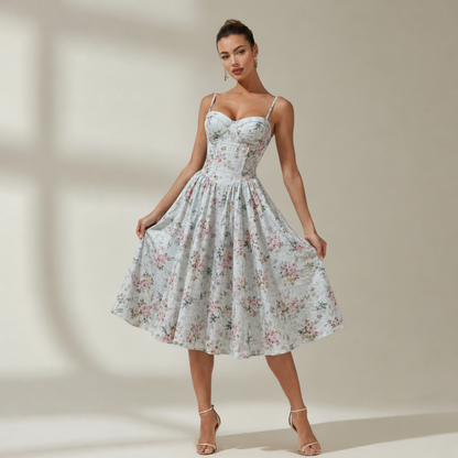 Sukienka midi damska w kwiatowy wzór na cienkich ramiączkach-Midi Dress-Olave