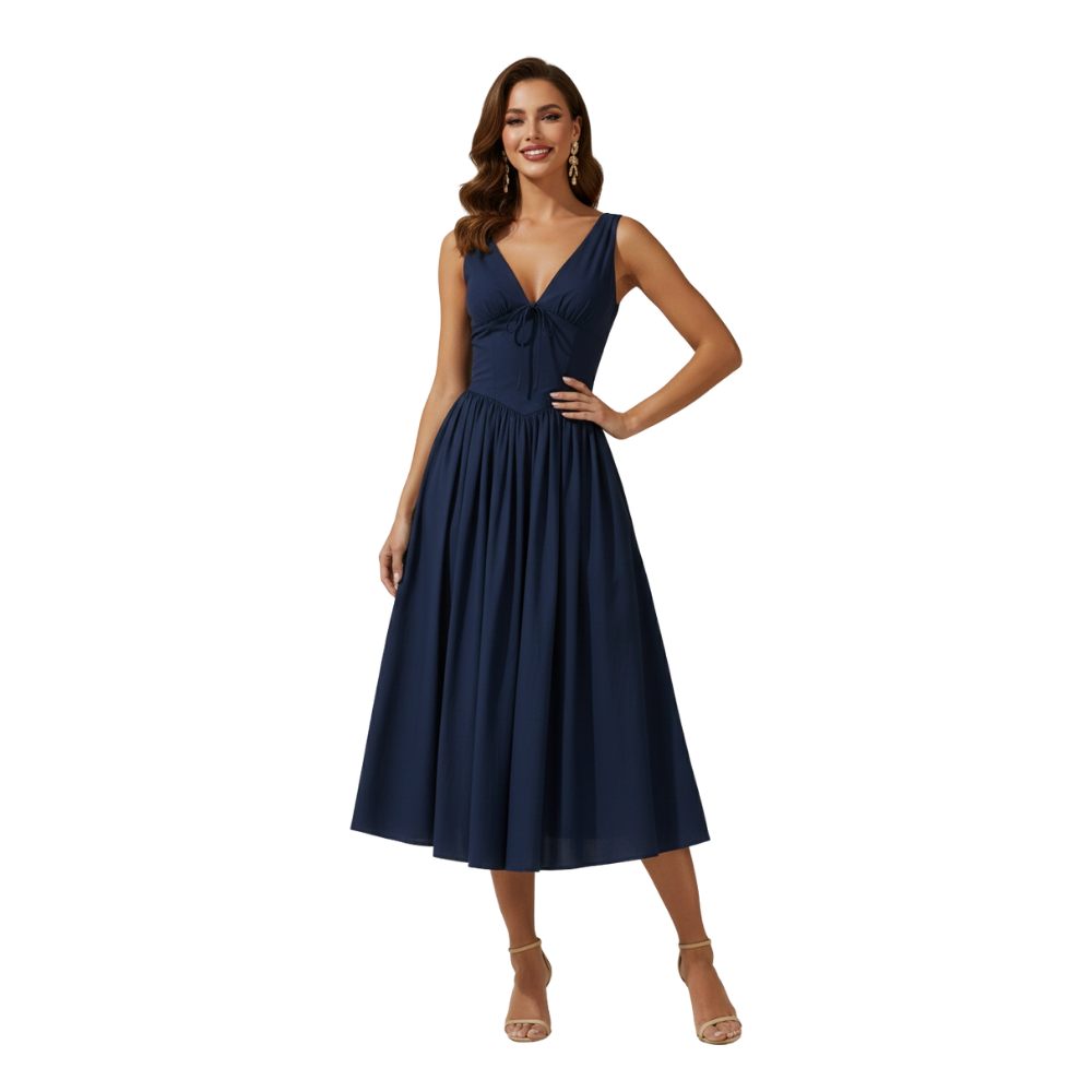 Sukienka midi damska z głębokim dekoltem V i bez rękawów-Midi Dress-Olave