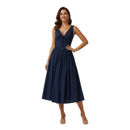Sukienka midi damska z głębokim dekoltem V i bez rękawów-Midi Dress-Olave