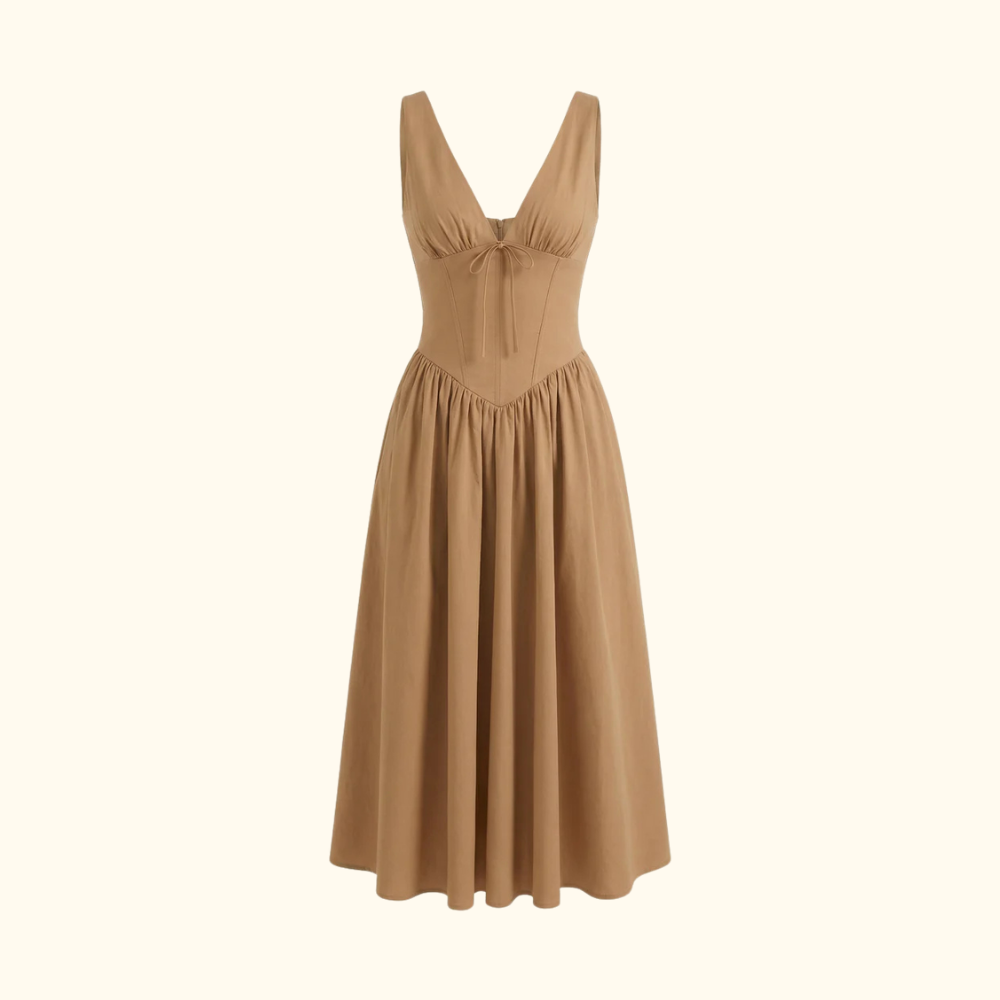 Sukienka midi damska z głębokim dekoltem V i bez rękawów-Midi Dress-Olave